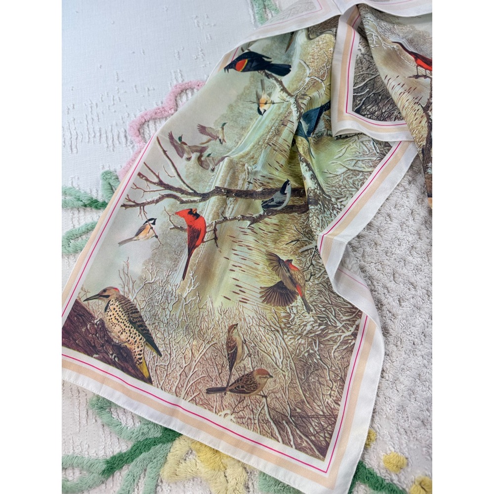 Vintage 1979 National Wildlife Federation Bird Scarf Winter Nature Print 21x21 - Picture 3 of 7